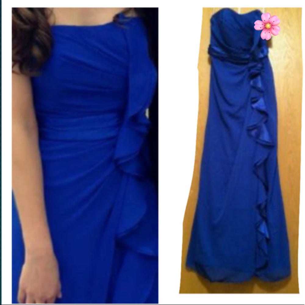 David Bridal Horizon Blue Long Strapless Front Ruffle Cascade size 8